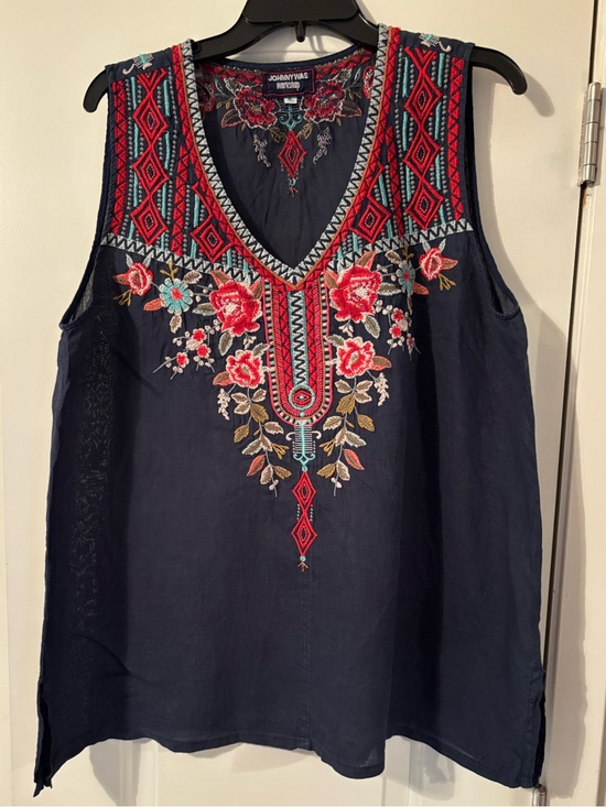 Johnny Was Tops - Johnny Was Navy Sleeveless V-Neck Top with Red & Pink Embroidery